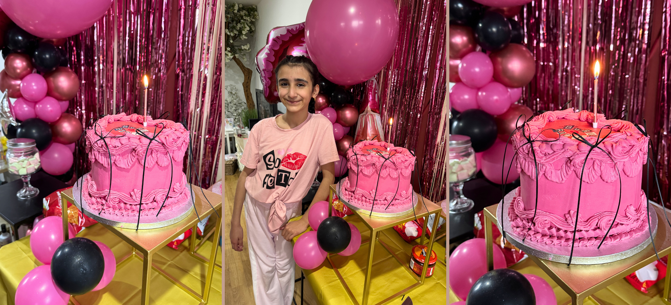 Collage of a pink cake with black spider web design, surrounded by balloons and a person in a pink shirt.