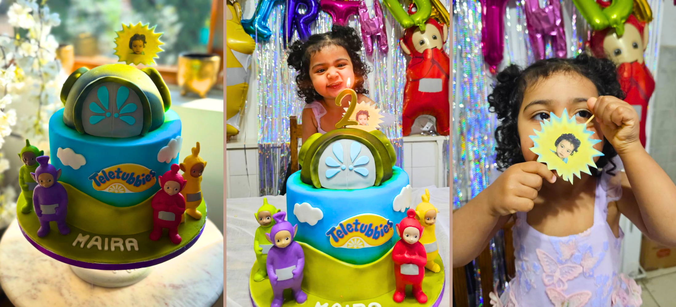 Child with a Teletubbies-themed birthday cake and decorations